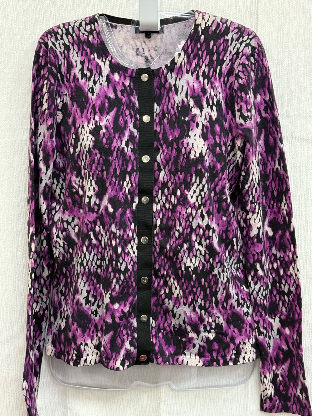 Anne KleinPurple & Black Abstract Print Snap-Front Cardigan